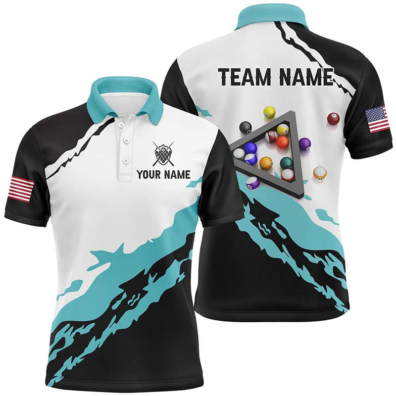 Custom 3D Black Blue Billiard Balls Polo Shirts For Men Custom Team Name Billiard Jerseys TDM0286