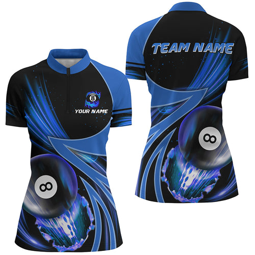 Custom 3D Blue Jerseys Billiard 8 Ball Women Quarter-Zip Shirts, Team League Billiard Shirts TDM0688