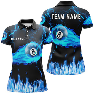 Personalized Blue Flame 8 Ball Thunder Lightning 3D Polo Shirts For Women, Custom Pool League Shirts TDM0494