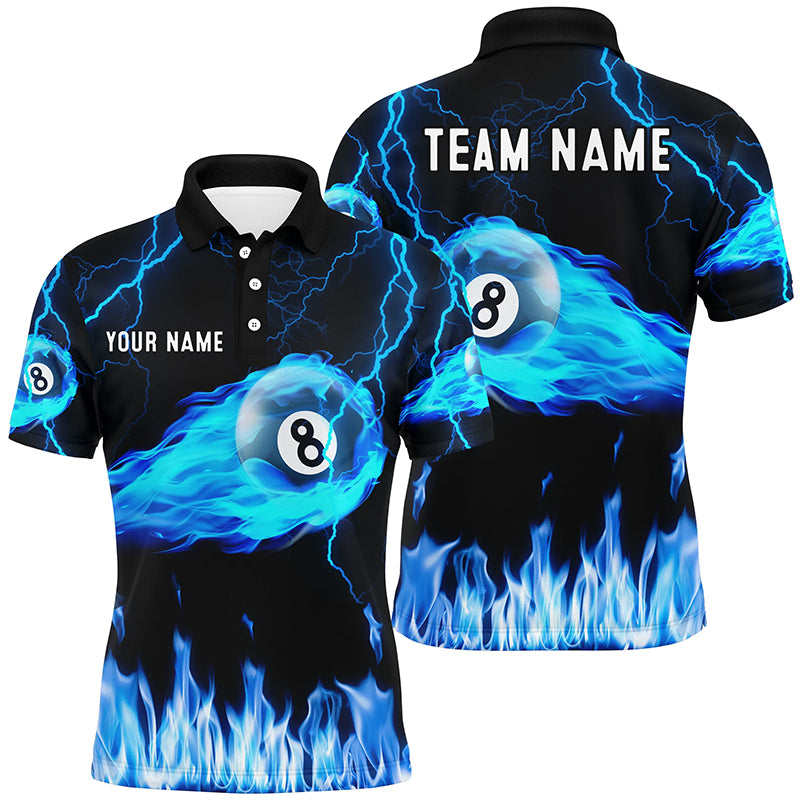 Personalized Blue Flame 8 Ball Thunder Lightning 3D Polo Shirts For Men, Custom Pool League Shirts TDM0494