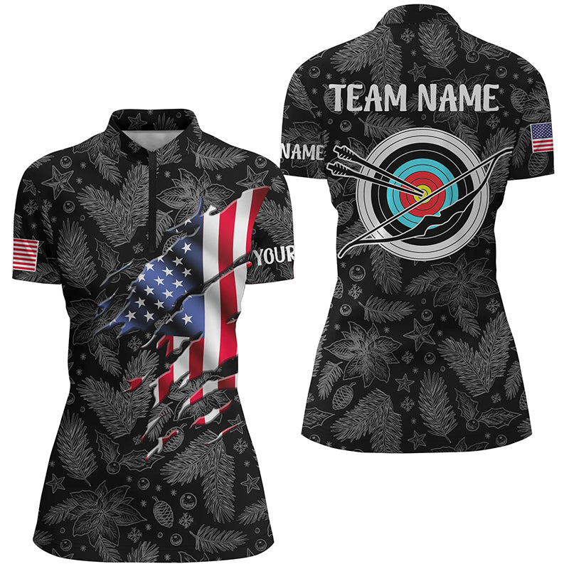 Custom Christmas USA Flag Archery Women Quarter-Zip Shirts, Merry Christmas Gift For Archer TDM0497