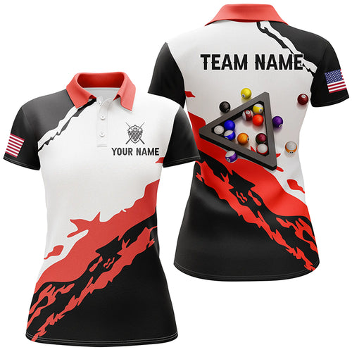 Personalized 3D Black Red Billiard Balls Polo Shirts For Women Custom Team Name Billiard Jerseys TDM1058