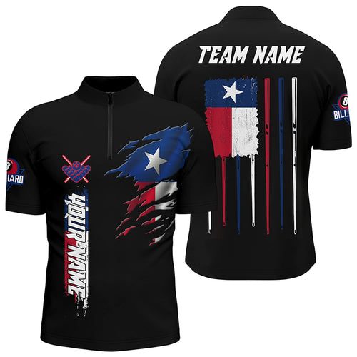 Custom Vintage Billiard Texas Flag Men Quarter-Zip Shirts, Patriotic Gift For Pool Lover TDM1068