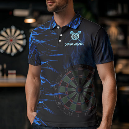 Personalized Blue Flaming 3D Fire Dart Shirts For Men Custom Team Dart Jerseys Polo & Quarter Zip TDM3685