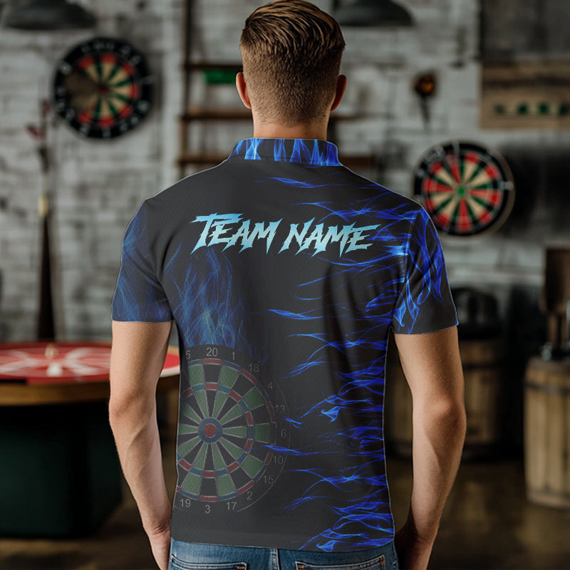 Personalized Blue Flaming 3D Fire Dart Shirts For Men Custom Team Dart Jerseys Polo & Quarter Zip TDM3685