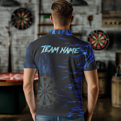 Personalized Blue Flaming 3D Fire Dart Shirts For Men Custom Team Dart Jerseys Polo & Quarter Zip TDM3685
