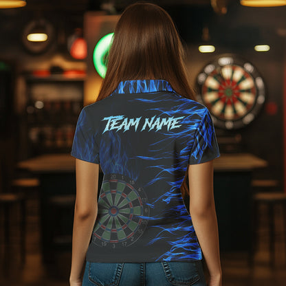 Personalized Blue Flaming 3D Fire Dart Shirts For Women Custom Team Dart Jerseys Polo & Quarter Zip TDM3685