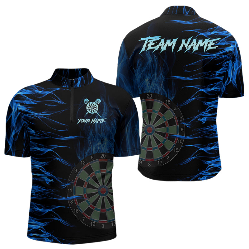 Personalized Blue Flaming 3D Fire Dart Shirts For Men Custom Team Dart Jerseys Polo & Quarter Zip TDM3685