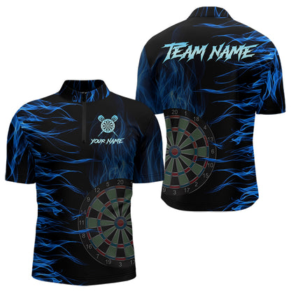 Personalized Blue Flaming 3D Fire Dart Shirts For Men Custom Team Dart Jerseys Polo & Quarter Zip TDM3685