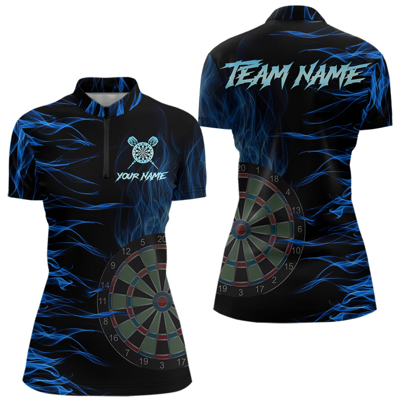 Personalized Blue Flaming 3D Fire Dart Shirts For Women Custom Team Dart Jerseys Polo & Quarter Zip TDM3685