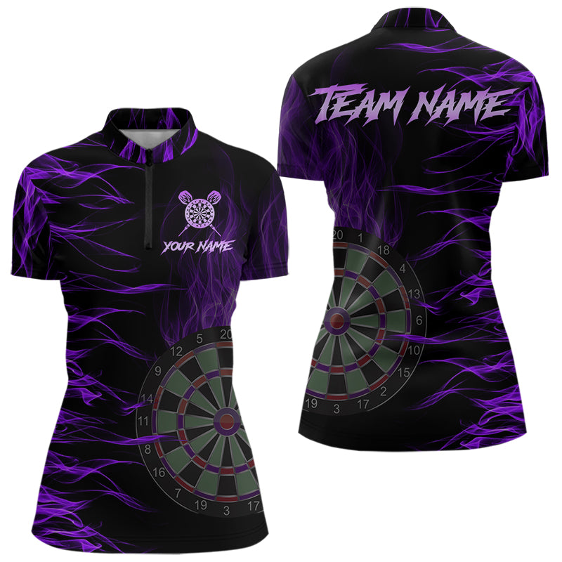 Personalized Purple Flaming 3D Fire Dart Shirts For Women Custom Team Dart Jerseys Polo & Quarter Zip TDM3686