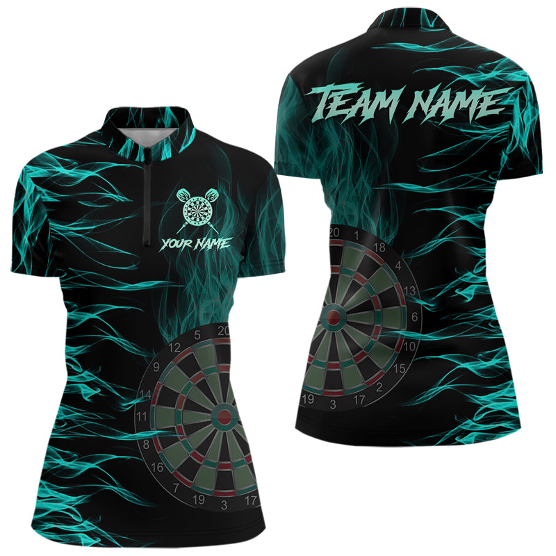 Personalized Turquoise Flaming Dart Shirts For Women Custom Fire Dart Jerseys Polo & Quarter Zip TDM3687