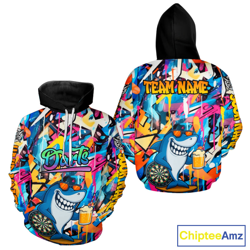 Funny Shark Colorful Graffiti Hoodie Darts Shirts For Men Women Custom Dart Team Jersey Darts Outfit TDM3849