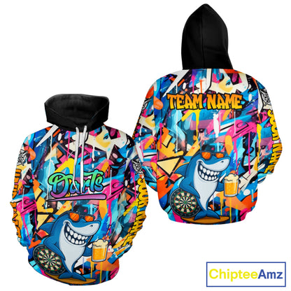 Funny Shark Colorful Graffiti Hoodie Darts Shirts For Men Women Custom Dart Team Jersey Darts Outfit TDM3849