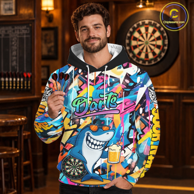 Funny Shark Colorful Graffiti Hoodie Darts Shirts For Men Women Custom Dart Team Jersey Darts Outfit TDM3849
