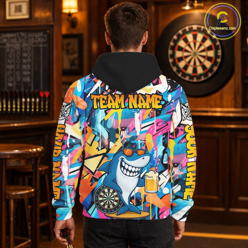 Funny Shark Colorful Graffiti Hoodie Darts Shirts For Men Women Custom Dart Team Jersey Darts Outfit TDM3849