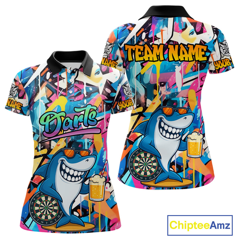 Funny Shark Colorful Graffiti Style Custom Dart Shirts For Women, Dart Team Jersey Darts Outfit TDM3849