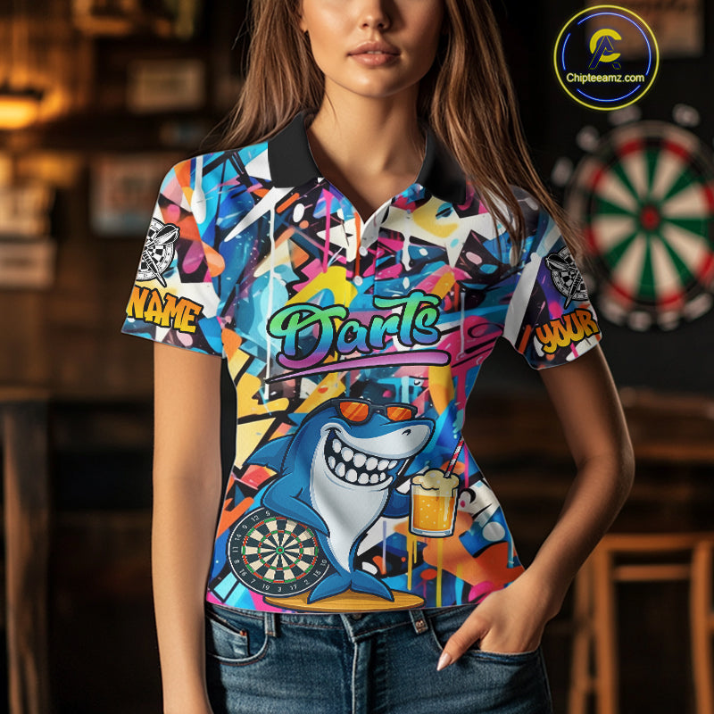 Funny Shark Colorful Graffiti Style Custom Dart Shirts For Women, Dart Team Jersey Darts Outfit TDM3849