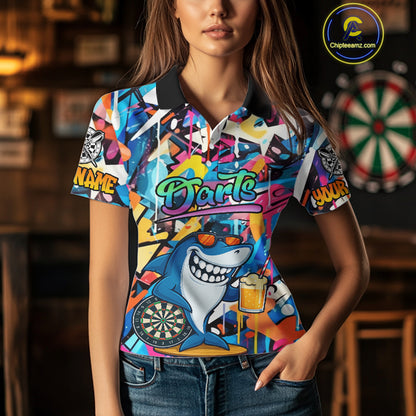 Funny Shark Colorful Graffiti Style Custom Dart Shirts For Women, Dart Team Jersey Darts Outfit TDM3849