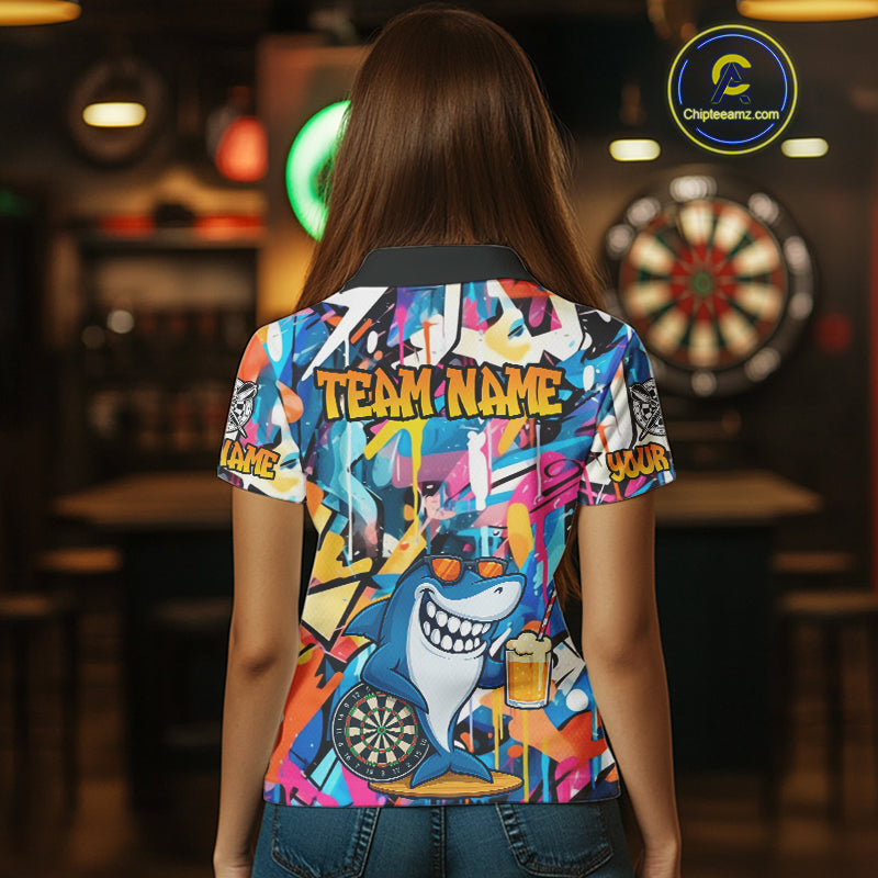 Funny Shark Colorful Graffiti Style Custom Dart Shirts For Women, Dart Team Jersey Darts Outfit TDM3849