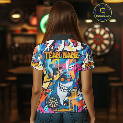 Funny Shark Colorful Graffiti Style Custom Dart Shirts For Women, Dart Team Jersey Darts Outfit TDM3849