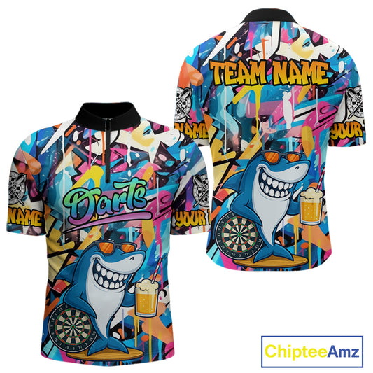 Funny Shark Colorful Graffiti Style Custom Dart Shirts For Men, Dart Team Jersey Best Darts Outfit TDM3849