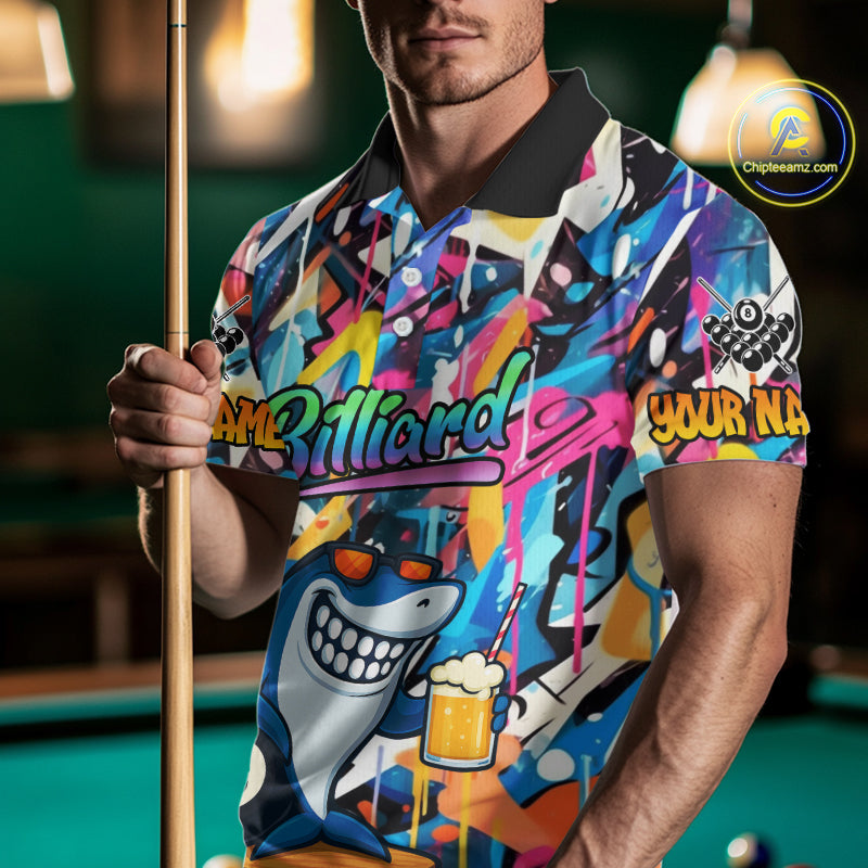 Funny Shark Colorful Graffiti Style Custom 8 Ball Billiard Shirt For Men Best Billiard Team Jersey TDM3850