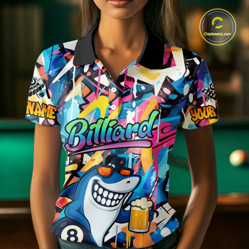 Funny Shark Colorful Graffiti Style Custom 8 Ball Billiard Shirt For Women Billiard Team Jersey TDM3850