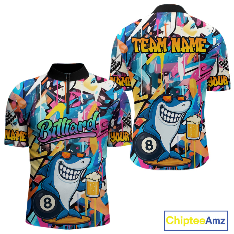 Funny Shark Colorful Graffiti Style Custom 8 Ball Billiard Shirt For Men Best Billiard Team Jersey TDM3850