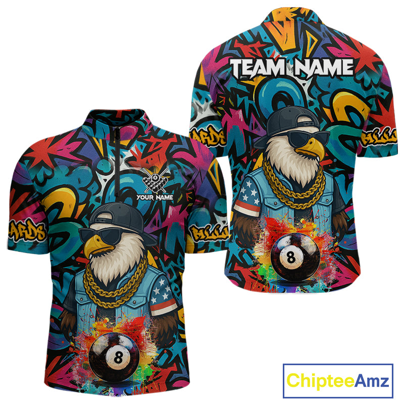 Funny Eagle Colorful Graffiti 8 Ball Billiard Shirt For Men Custom Billiard Jersey Pool Team Shirts TDM3854