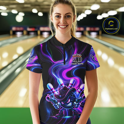 Custome Neon Blue Purple Funny Bowling Shirt For Women, Bowling League Team Jersey Polo & 1/4 Zip TDM6277