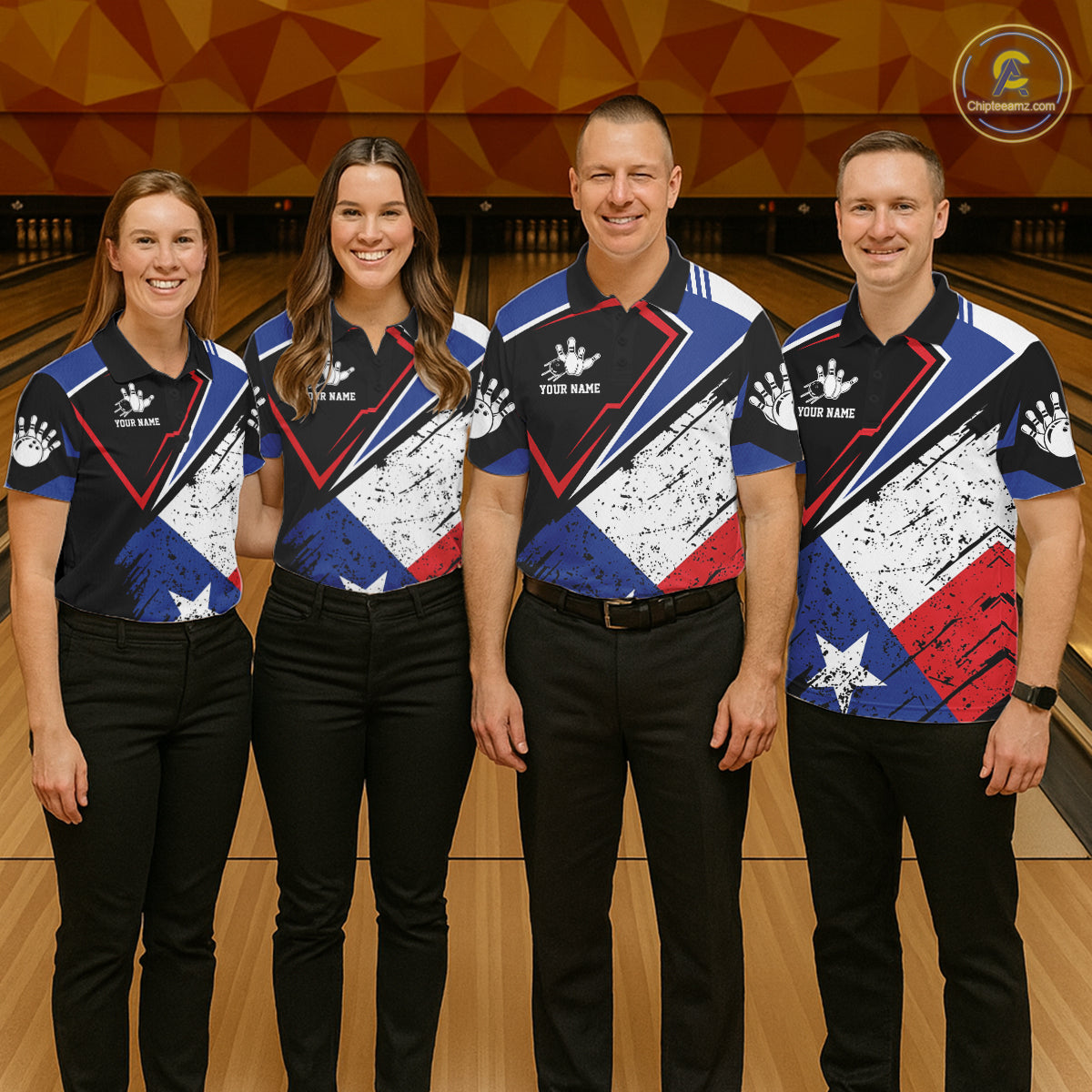 Bowling team wearing matching grunge Texas flag bowling jerseys during tournament matches front view.