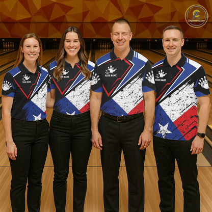 Bowling team wearing matching grunge Texas flag bowling jerseys during tournament matches front view.