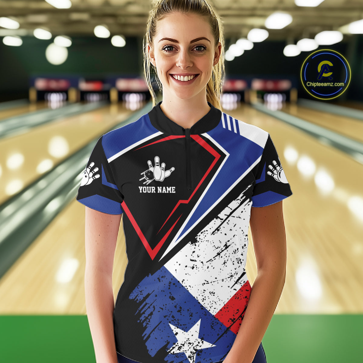 Woman wearing a grunge Texas flag bowling quarter zip jersey during league play front view.