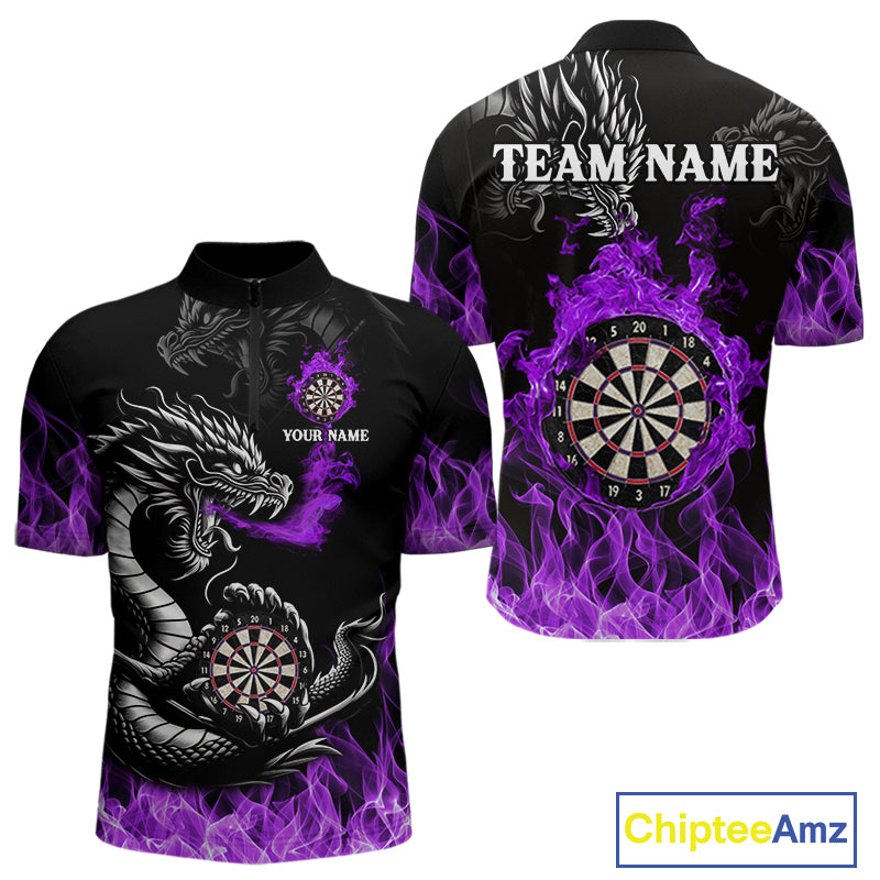 Personalized Purple Flaming Dragon Dart Shirts For Men Custom Dart Team Jerseys Polo & Quarter Zip TDM4309