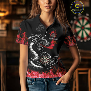 Personalized Red Flaming Dragon Dart Shirts For Women Custom Darts Team Jerseys Polo & Quarter Zip TDM4310