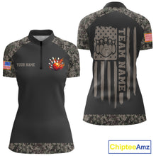Load image into Gallery viewer, Personalized retro camo US flag patriotic bowling league quarter zip shirt for women, custom bowling team jersey.