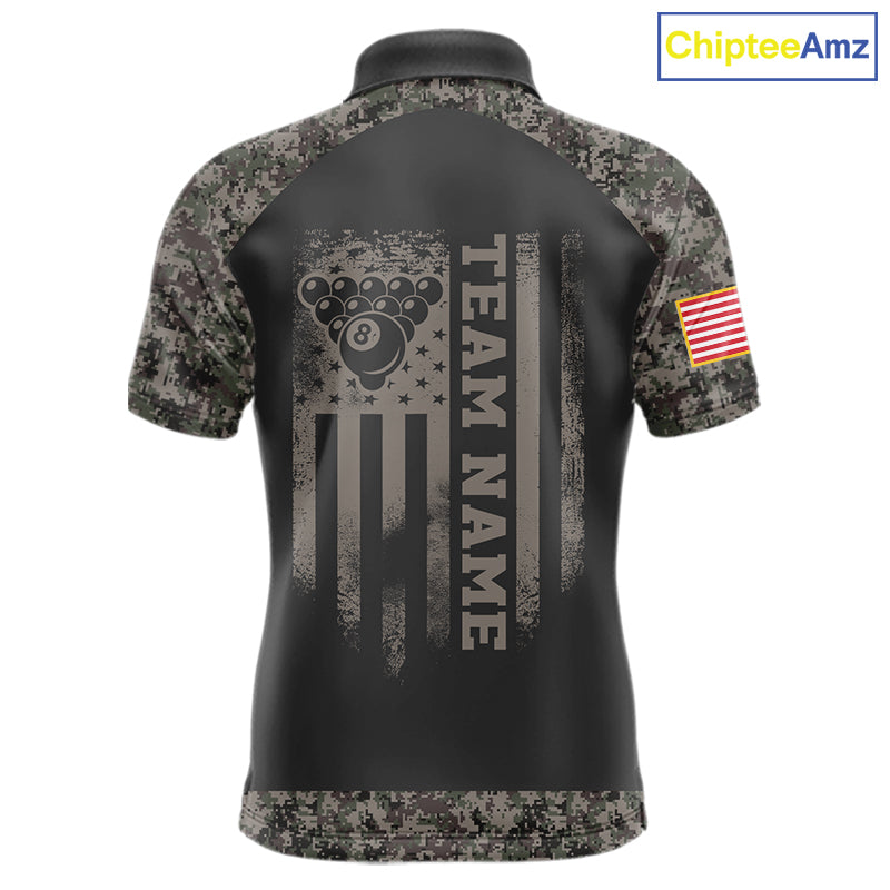 Personalized retro camo US flag 8 ball pool billiard team jersey polo shirt for men, custom patriotic pool league apparel and tournament jersey.