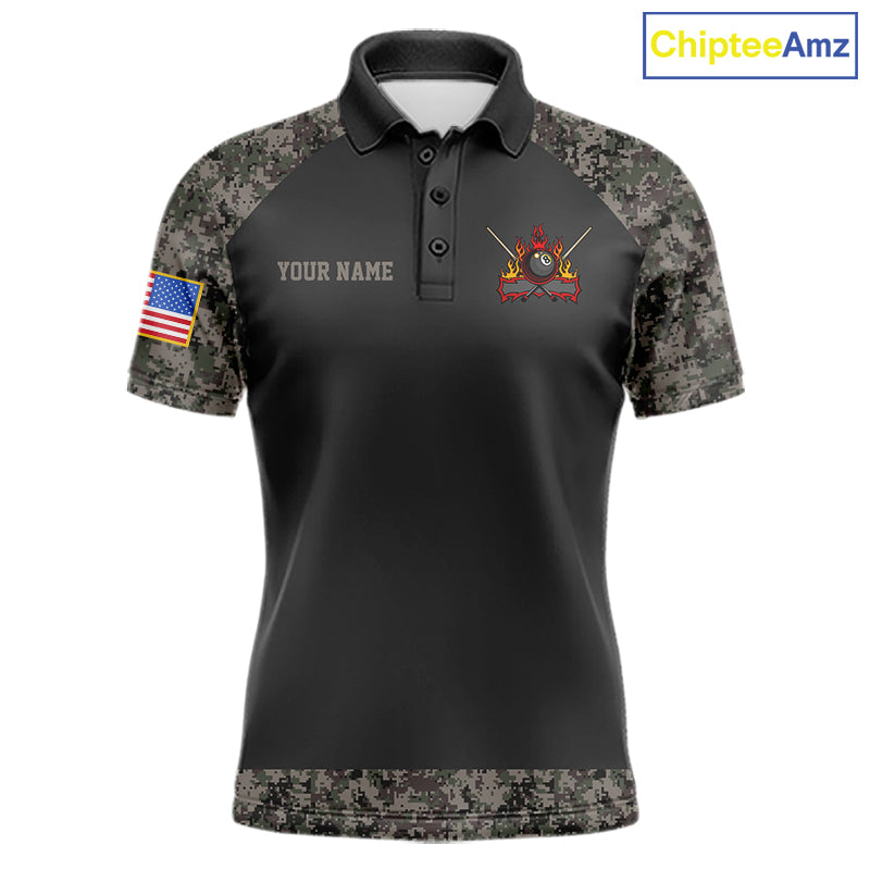 Personalized retro camo US flag 8 ball pool billiard team jersey polo shirt for men, custom patriotic pool league apparel and tournament jersey.