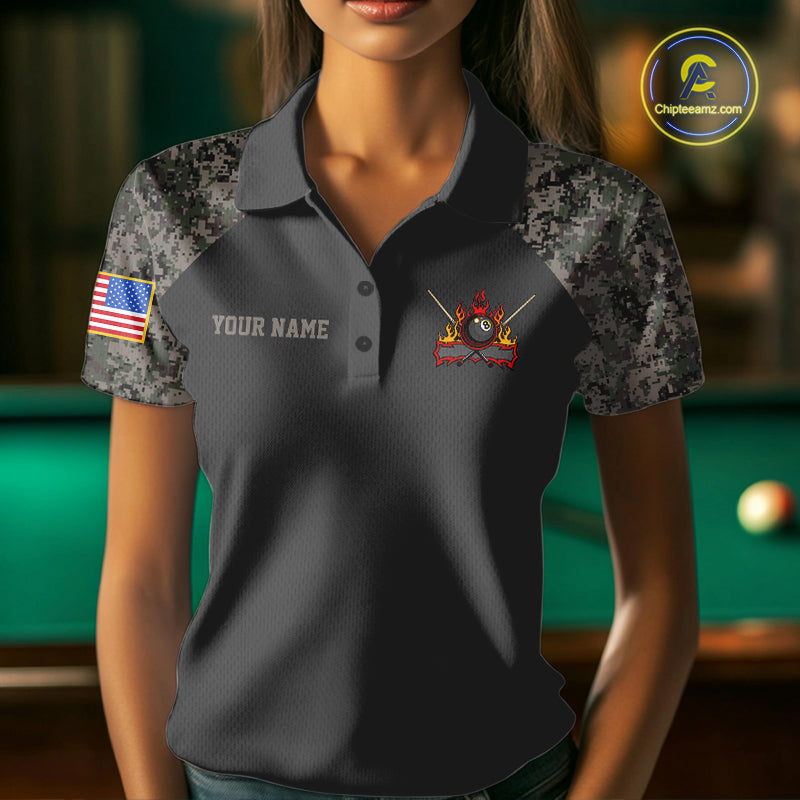 Woman wearing personalized retro camo US flag 8 ball pool billiard polo shirt front view.