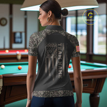 Load image into Gallery viewer, Woman wearing personalized retro camo US flag 8 ball pool billiard polo shirt back view.