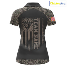 Load image into Gallery viewer, Personalized retro camo US flag 8 ball pool billiard team jersey polo shirt for women, custom patriotic pool league apparel and tournament jersey.