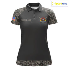 Load image into Gallery viewer, Personalized retro camo US flag 8 ball pool billiard team jersey polo shirt for women, custom patriotic pool league apparel and tournament jersey.