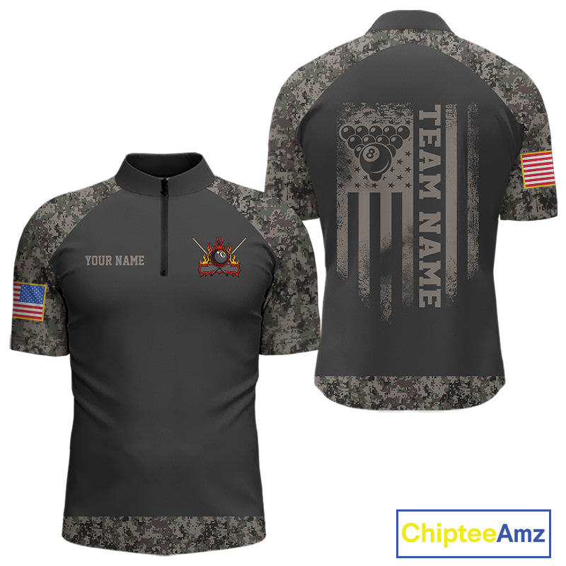 Personalized retro camo US flag 8 ball pool billiard quarter zip shirt for men, custom patriotic pool team jersey.