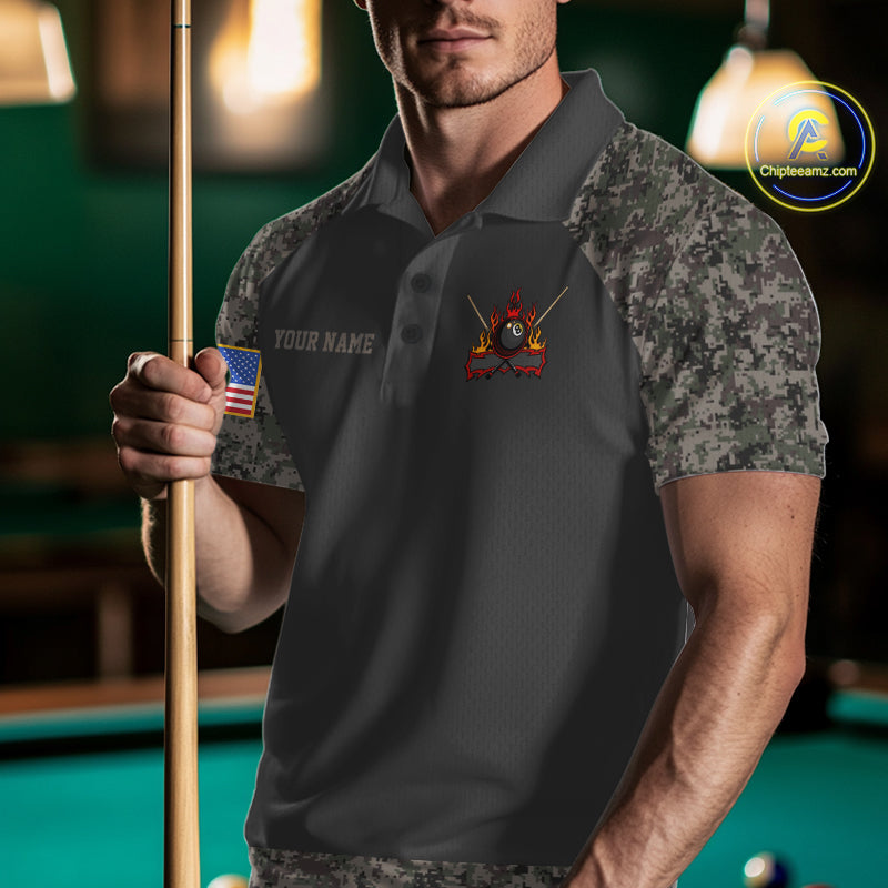 Man wearing personalized retro camo US flag patriotic 8 ball pool billiard polo shirt front view.