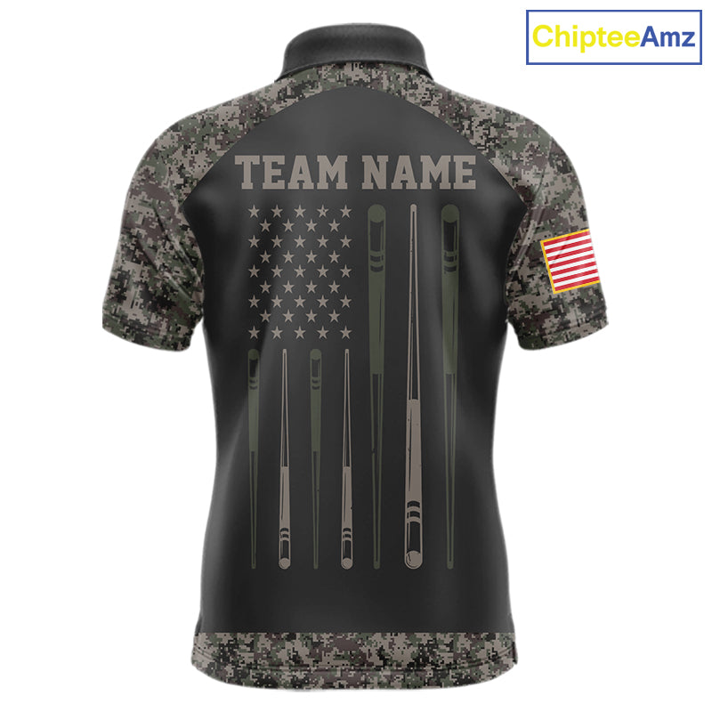 Personalized retro camo US flag patriotic 8 ball pool billiard team jersey polo shirt for men, custom pool league apparel and tournament jersey with vintage camouflage design.