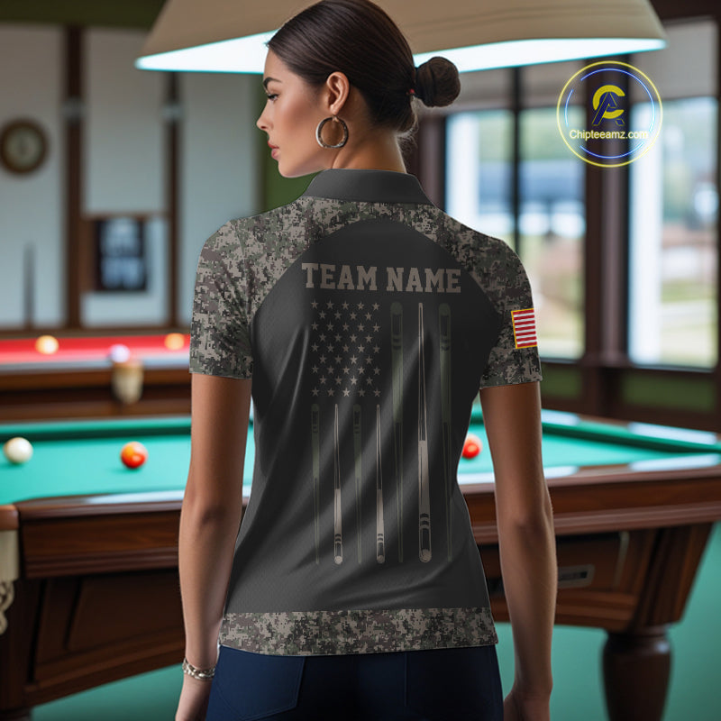 Woman wearing personalized retro camo US flag patriotic 8 ball pool billiard polo shirt back view.