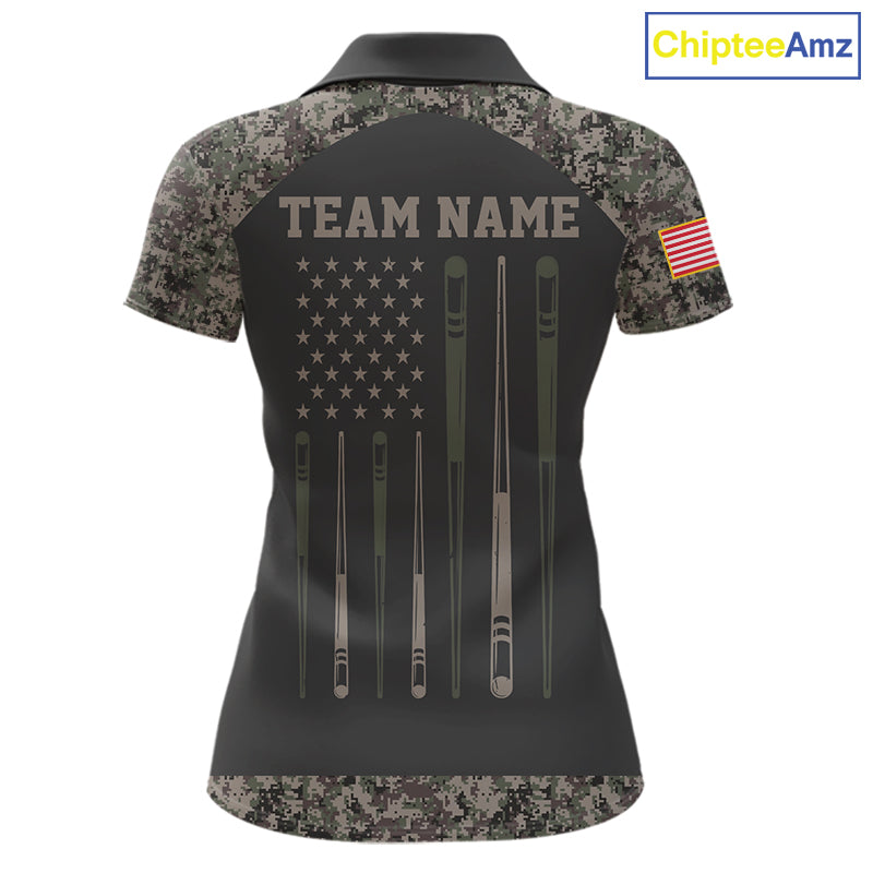 Personalized retro camo US flag patriotic 8 ball pool billiard team jersey polo shirt for women, custom pool league apparel and tournament jersey with vintage camouflage design.