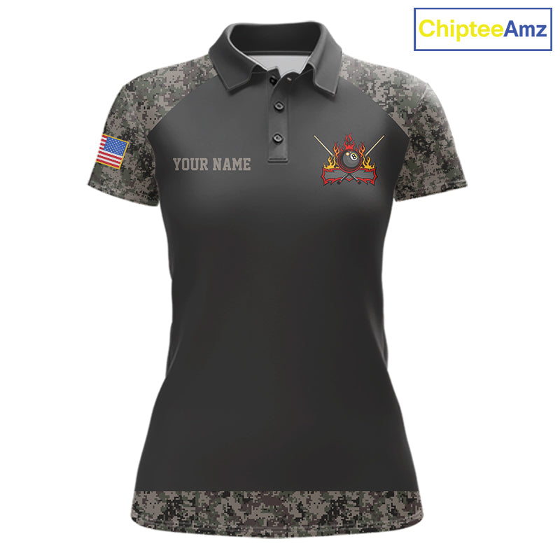 Personalized retro camo US flag patriotic 8 ball pool billiard team jersey polo shirt for women, custom pool league apparel and tournament jersey with vintage camouflage design.