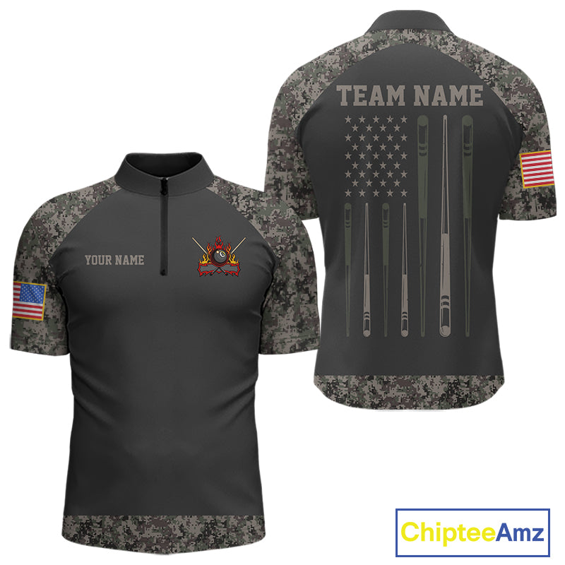 Personalized retro camo US flag patriotic 8 ball pool billiard quarter zip shirt for men, custom 8 ball pool team jersey and league apparel.